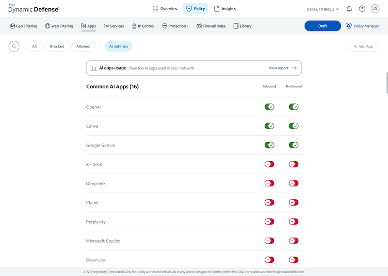 Application module under policy with AI defense filter on
